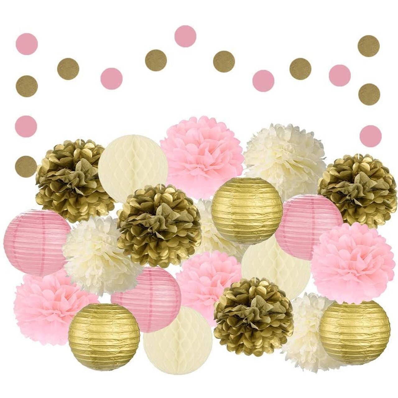 EpiqueOne 22 Pcs Mixed Pink, Gold & Ivory Party Decorations By Epique Occasions–Set Of Hanging Tissue Paper Flower Pom Poms, Lanterns & Honeycomb Balls For Girl Birthday Wedding & Party Décor Supplies